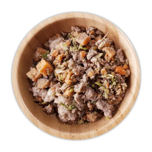 a bowl of cooked healthy dog food with buffalo made in-house by Petchef